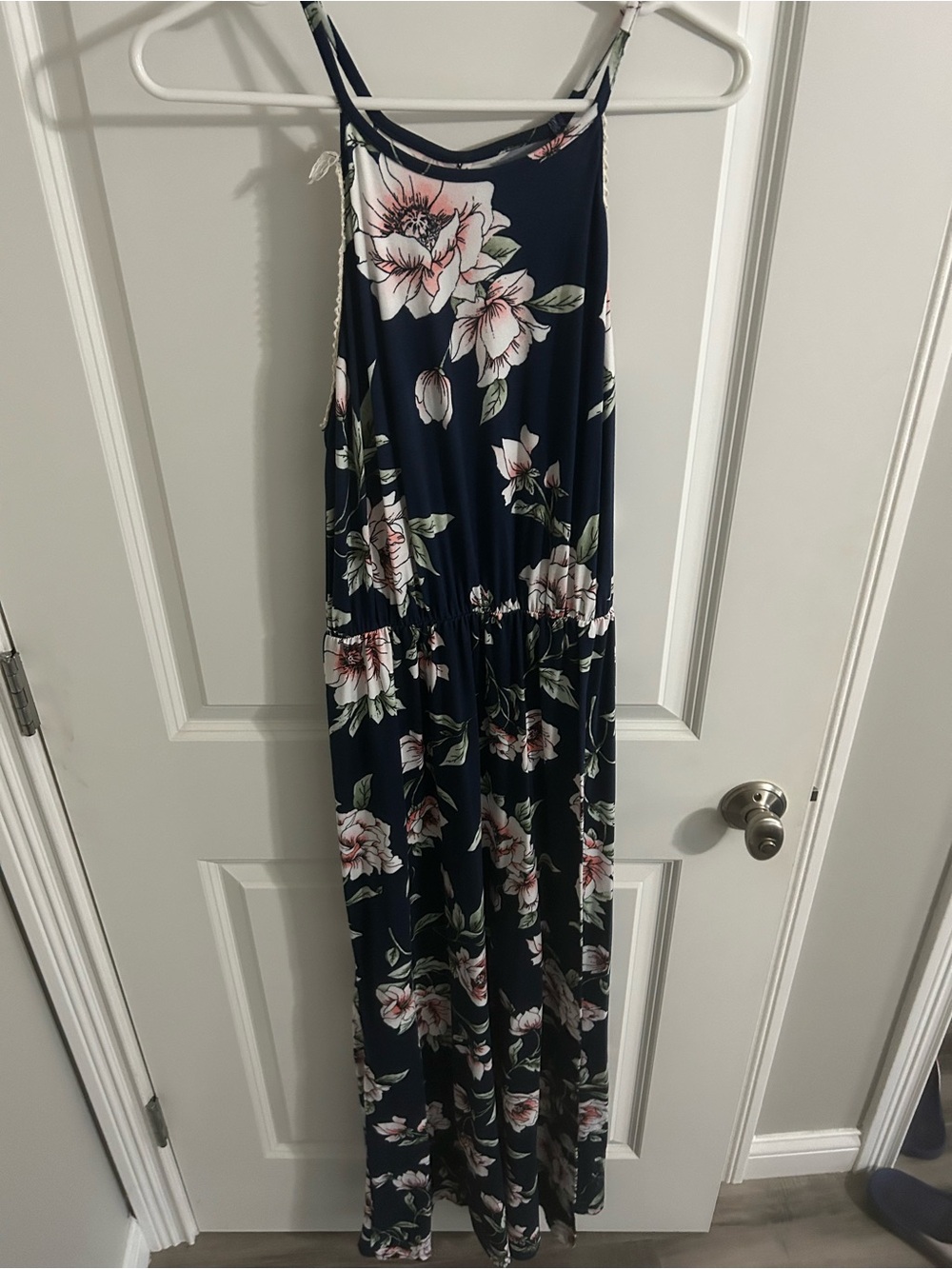 French Grey Navy Floral Dress with Pink and Green Accents